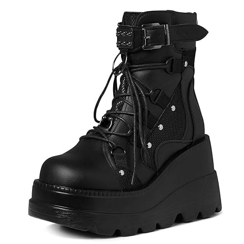 Tscoyuki Platform Ankle Boots for Women Chunky High Heel Booties Goth Round Toe Combat Boots Women Lace Up Motorcycle Wedges - Image 1