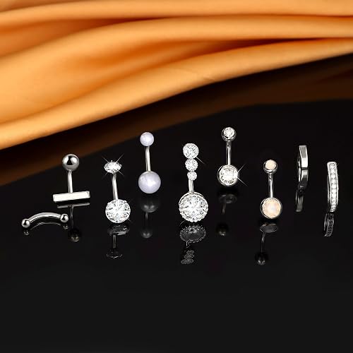 FIASASO 9 Pcs Gold Belly Button Ring - Surgical Stainless Steel CZ Opal Pearl Clicker Piercings for Women Navel Pack Silver/Gold - Silver - 10 Millimeters thumbnail 3