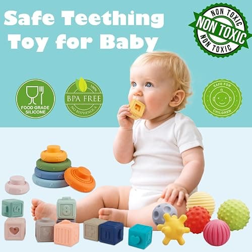 Weilim Montessori Toys Soft Stacking Building Blocks Rings Balls Sets 3 in 1 Baby Toys Bundle for Babies Sensory for Toddlers Teething Bath for Infants Learning Education Toy thumbnail 4