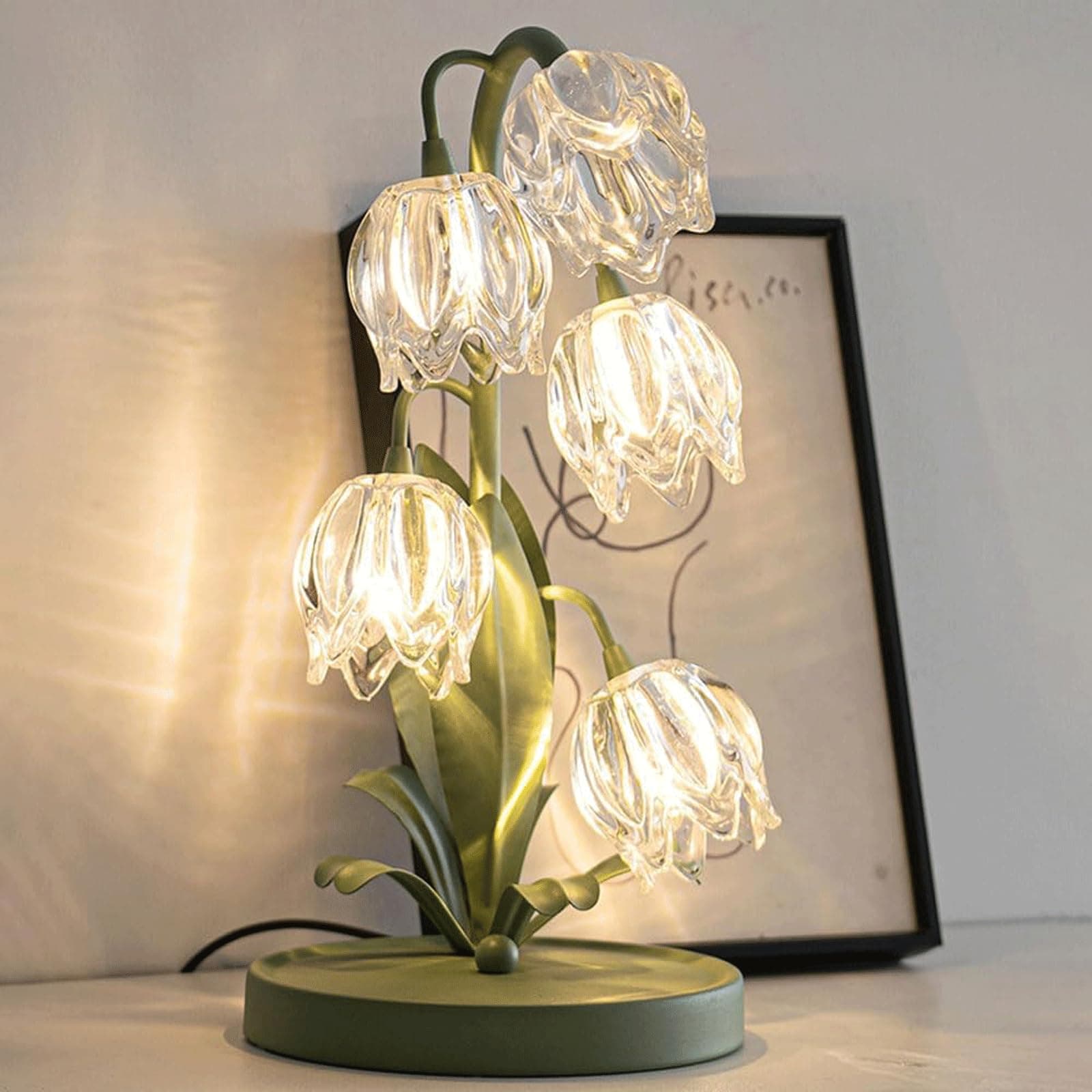 Green Tulip Table Lamp Vintage Flower Bedside Desk Lamp w/ G4 LED Bulbs Elegant Floral Bedside Lamp for Bedroom Living Room Office Reading thumbnail 7