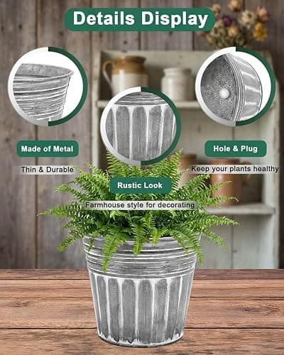 vensovo 5 Inch Galvanized Bucket Planter - 6 Pack Metal Flower Pots with Drainage Holes & Plugs, Rustic Silver Tin Pots for Indoor Herbs, Outdoor Succulents, Farmhouse Home Garden Decor thumbnail 4