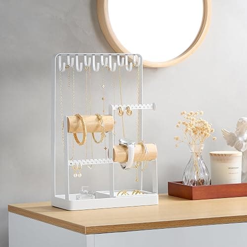 Lolalet Jewelry Holder Organizer, Aesthetic Jewelry Display Stand for Necklaces Bracelets Earrings Rings, Cute Room Décor for Teen Girls Women -White thumbnail 2