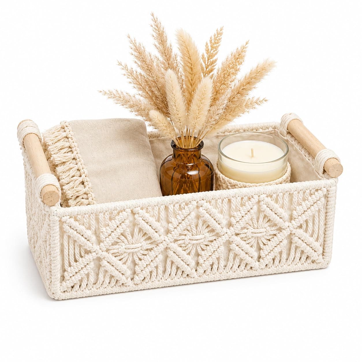 Vespara Toilet Paper Storage Basket for Living Room Storage, Small Paper Rope Scalloped Basket with Wooden Handles for Tank Top for Home Decor Bedroom Nursery Entryway(White) - Image 1