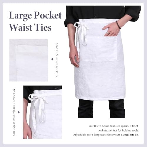 Pure Linen Bistro Half Apron - 25 x 35 Inch Unisex Waist Aprons with Large Pocket Ideal for Kitchen Crafts and More thumbnail 3
