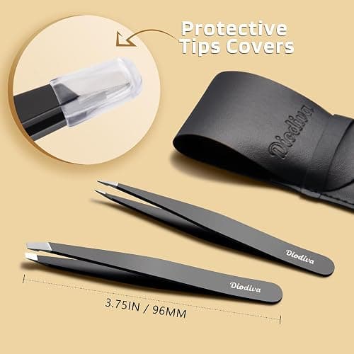 2-Pack Tweezers for Eyebrows, Facial Hair, Ingrown Hair Removal, Slant and Point Tip Tweezer Set for Women and Men, Professional Stainless Steel Precision Eyebrow Plucking Grooming with Case - Black thumbnail 3