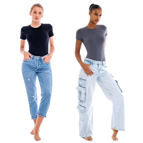Walifrey Short Sleeve Bodysuits for Women Round Neck Basic Stretchy T Shirts Bodysuits Tops thumbnail 5