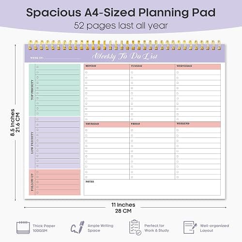 Taja Weekly To Do List Notepad, Undated Weekly Planner Pad, 8.5" x 11" | Large Desk Planner, Weekly Task Planning, College School Supplies, for Home and Office, 52 Sheets, Violet Dream thumbnail 2