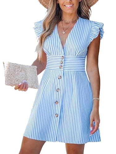 CUPSHE Women's Striped Summer Dresses V Neck Casual Mini Dress Flutter Sleeve Ruffle Button Sundresses - Image 1
