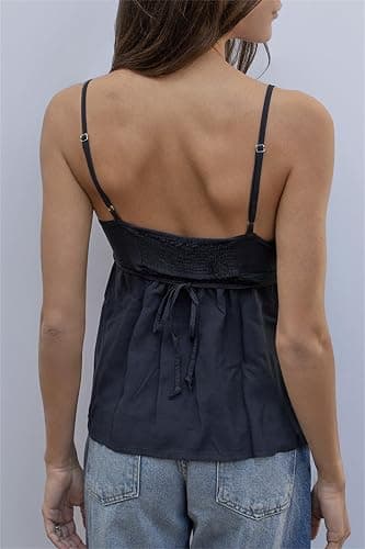Women Lace Trim Babydoll Cami Top Spaghetti Strap Peplum Lace Tank Top Sexy Low Cut Backless Flowy Cami Shirt thumbnail 3