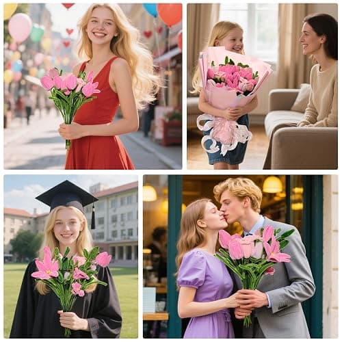 IJIAMY 400 Stück Pfeifenreiniger Blumen Set, Pfeifenputzer Blumen Zum Basteln, Mit Grüne Blumenstöcke, Klebebandrollen, Klebestifte, Anleitungen (Rosa) thumbnail 6