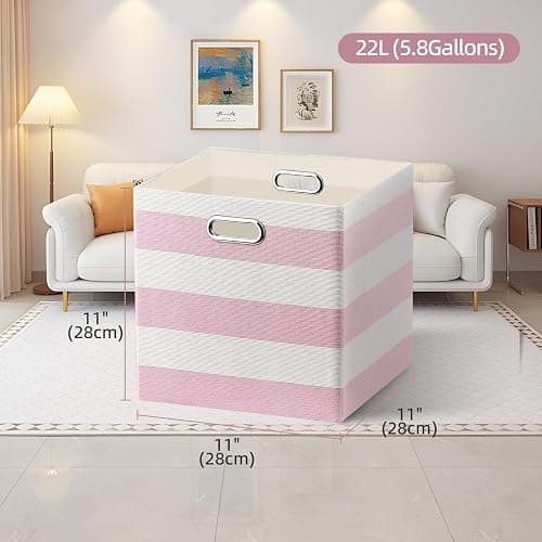 11 x 11 x 11 Inch Linen Stripe Storage Cubes for Home Organizing, Pack of 4 | Collapsible Fabric Bins with Handles, Striped Boxes for Office Wardrobe Closet Shelf Organizing thumbnail 3