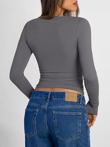 Trendy Queen Long Sleeve Shirts for Women 2026 Fall Fashion V Neck Basics Crop Tops Slim Fitted Y2K Tops Outfits Clothes thumbnail 4