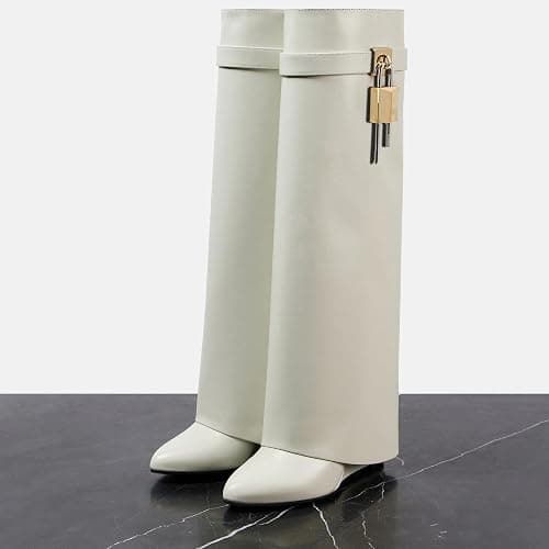 Arqa Fold Over Knee High Boots for Women Covered Wedge Heel Shark Boots Pull-on Wide Calf Boots Fashion Party Almond Toe Booties thumbnail 6