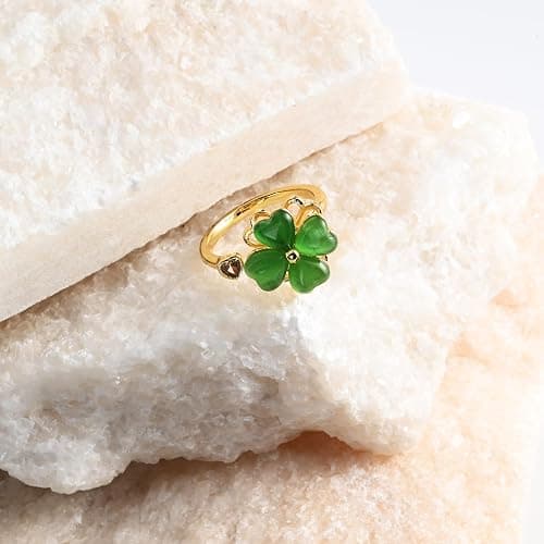 Rotatable Four Leaf Clover Open Rings Adjustable Jade Rings for Women Dainty Good Luck Clover Jewelry for St Patrick’s Day thumbnail 5