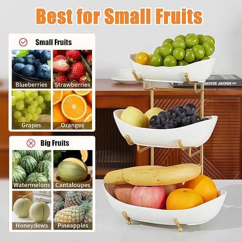HOMKULA 3 Tier Fruit Basket, Ceramic Fruit Bowl for Kitchen Counter | Fruit Holder for Kitchen, with Metal Stand, No Installation Required, Save Space, Easy to Clean, Modern, Gold, Large thumbnail 5