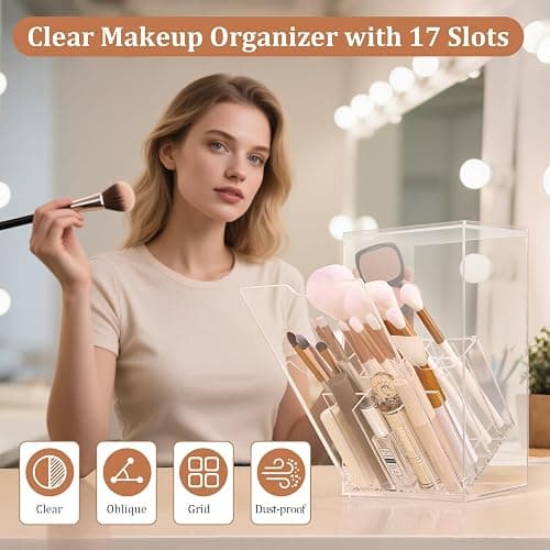 LOHRYVIO Acrylic Makeup Brush Holder with Slanted Flip-Top Lid - Clear Dustproof Cosmetic Make up Brush Organizer and Storage Box - Large Capacity 17-Slots Container for Vanity Brushes (Transparent) thumbnail 3