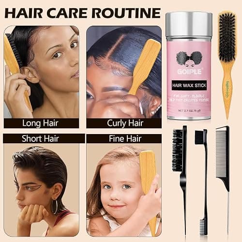 Slick Back Hair Brush Set Teasing Boar Bristle Brush, Hair Wax Stick, Edge Brushes, Rat Tail Comb, Teasing Comb, Wooden Slickback Hairbrush Accessories, Smoothing Combs for Women & Kids (5PCS) thumbnail 4