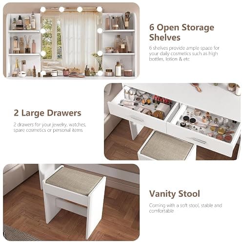 usikey Vanity Desk with Mirror and Lights, Makeup Vanity Set with 2 Drawers and Open Shelves, Makeup Vanity Desk Dressing Table with Cushioned Stool and 10 LED Lights, White thumbnail 6