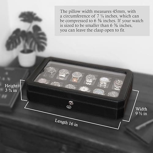 ROTHWELL 12 Slot Leather Watch Box for Men - Luxury Case Display Jewelry Organizer with Microsuede Liner - Travel Jewelry Case for Mens Accessories, Travel Organizer (Black & Grey) thumbnail 3