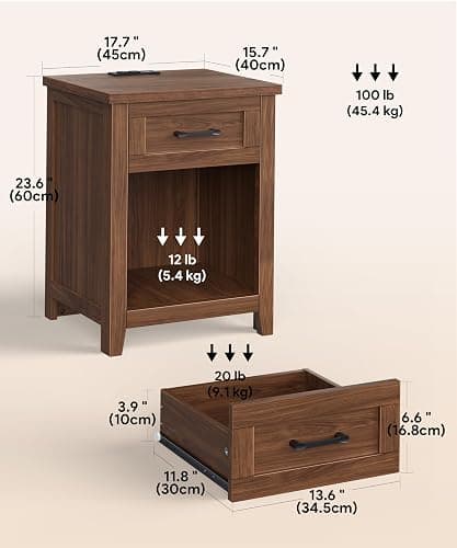 Decofy Farmhouse Nightstand with Charging Station, Walnut | AC Outlets, USB And Type C Ports, Drawer Storage, Open Shelf, Modern End Table For Bedrooms and Living Rooms thumbnail 3