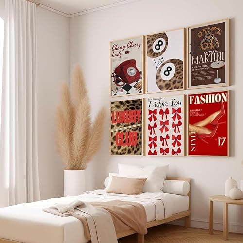 6Pcs Trendy Leopard Wall Art Gallery Girly Prints Red Fashion Wall Canvas Pictures Preppy Funky Aesthetic Lucky Decor posters prints for Girly Bedroom Dorm Apartment Living room Decorations Unframed thumbnail 8