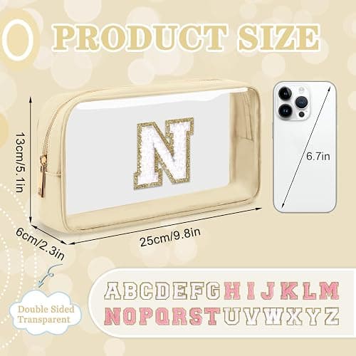 Mini Clear Personalized Initial Makeup Bag, Nylon Preppy A-Z Chenille Letter Patch Zipper Cosmetic Bag, Small Cute Pouch Travel Coin Purse Toiletry Bag, Small-Beige, N thumbnail 2