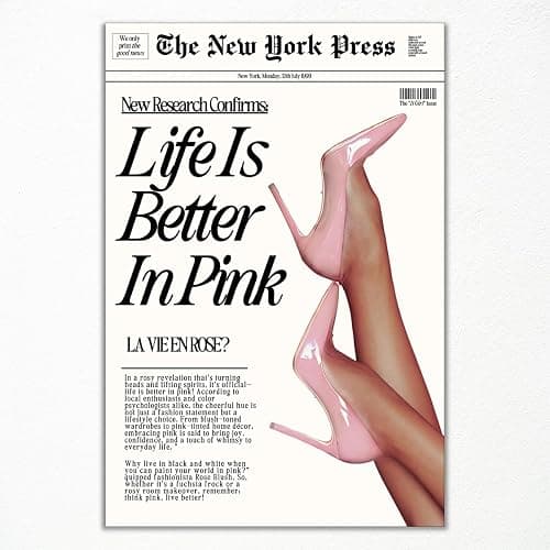 Retro Newspapaer Canvas Wall Art, Funny Life Is Better In Pink Quote Poster, Funky Pink High Heel Picture Girls Bedroom Wall Decor, Trendy News Headline Girly Dorm Apartment Art 12x16in Unframed - Image 1