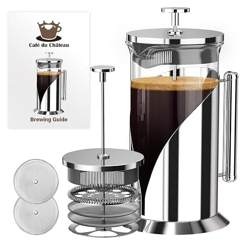 Cafe Du Chateau Stainless Steel French Press Coffee Maker 34 oz - Easy to Use Insulated Coffee Press with 4-Level Filtration, Manual Brewer for Tea, Camping & Travel with BPA Free, Durable Clear Glass - Image 1