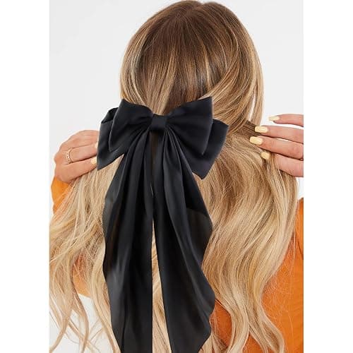 Canitor Hair Bows for Women Silky Satin Hair Ribbon Barrettes Clip Oversized Long Tail Hair Bows Cute Aesthetic Coquette Fashion Hair Accessories Preppy Teen Girl Gifts Trendy Stuff Things - 03-black,khaki,beige thumbnail 3