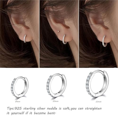 925 Sterling Silver Post Small Hoop Earrings Cubic Zirconia Huggie Hoop Earrings,3 Pairs Cartilage Piercing Earrings Ear Cuff Tiny Hoop Earrings for Women Girls Men 8mm 10mm 12mm thumbnail 4