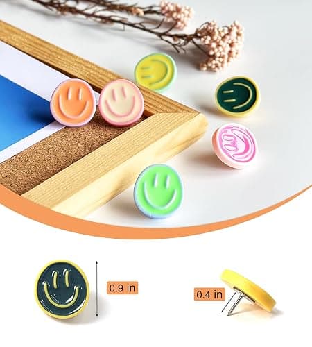 24 Smiley Face Decorative Push Pins, Cute Bulletin Board Push Pins, Thumbtacks for Cork Boards, Office Organization, or Home Décor (24-Colourful) thumbnail 5