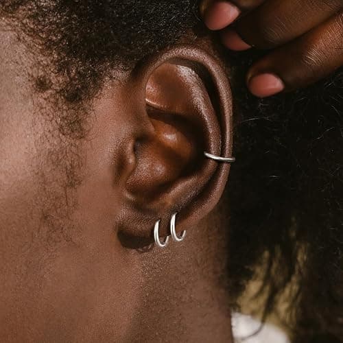 Sterling Silver Hoop Earrings, Hypoallergenic Earrings for Women Men 14k Real Gold Plated Small Huggie Hoop Earrings Stack Set for Multiple Piercing Lightweight Cartilage Helix Conch Hoop thumbnail 7