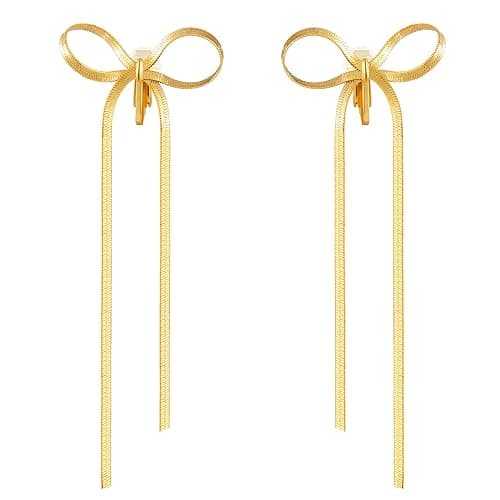LOFITOR 14K Gold Plated Clip On Earrings for Women Non Piercing Bow Earrings Ribbon Dangle Drop Tassel Chain Statement Clip Earrings Lightweight Fake Bowknot Earring for Non Pierced Ears thumbnail 3