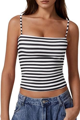 QINSEN Women's Double Lined Basic Tank Top Adjustable Spaghetti Straps Sleeveless Camisole Shirts - Image 1