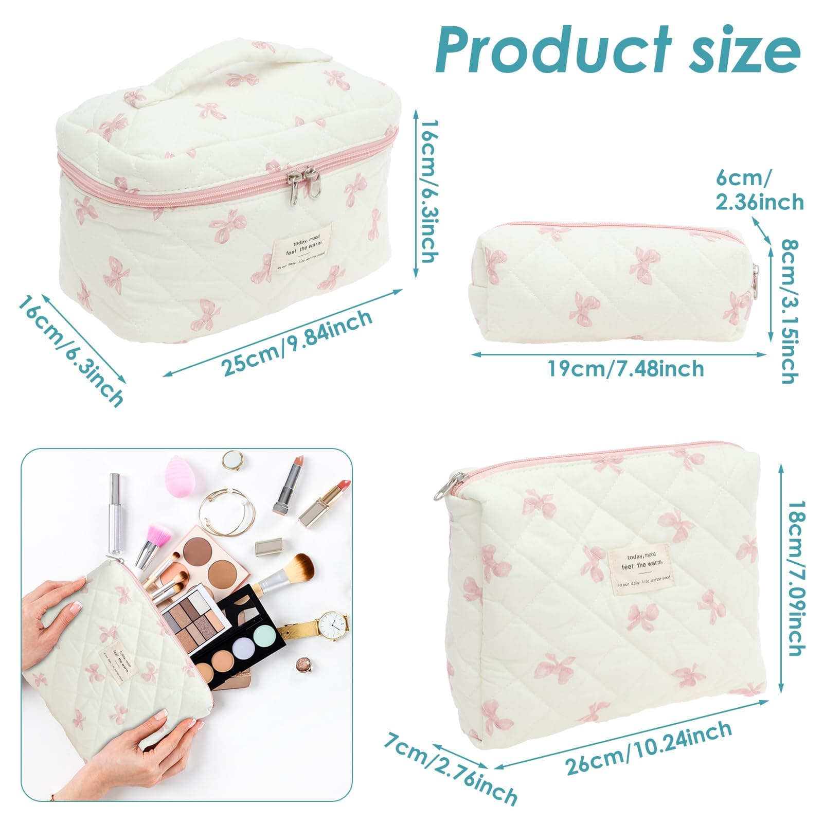 3 Pcs Makeup Bag Cosmetic Bag Cute Cotton Large Quilted Travel Makeup Pouch Multifunctional Cosmetic Pouch Set for Women Girls Ladies (Pink) thumbnail 2