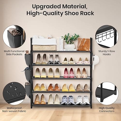VILICK 5 Tier Shoe Rack with Hook and Side Pocket,Shoe Organizer Space Saver Storage for 20-25 Pair Shoe Storage Shelf Sturdy Free Standing Long Shoe Rack Organizer for Closet,Entryway,Small Spaces thumbnail 4