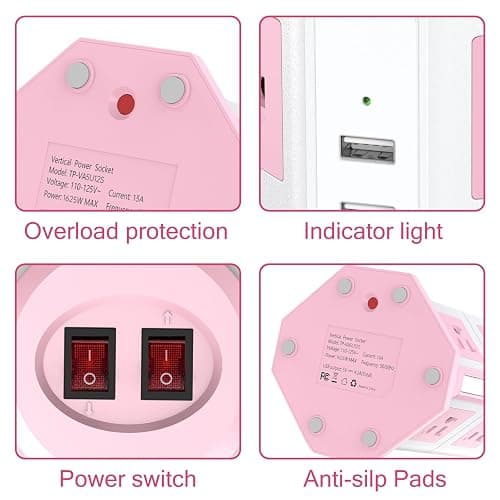 Pink Tower Power Strip with Surge Protection | HITRENDS 12 AC Outlets + 5 USB Ports | 16AWG/ 6.5 Ft Extension Cord with Multiple Outlets | Space-Saving Design for Office & Home(1625W, 1050J) thumbnail 5