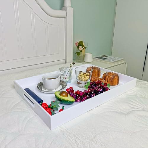 White Rectangular 14x20 Inches Acrylic Ottoman Tray Decorative Serving Tray with Cutout Handles Organizer Tray on Coffee Table Countertop Big Breakfast Bed Tray Living Room Appetizer Serving Food thumbnail 4