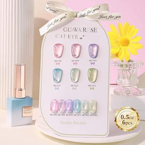 Double Rhythm Cat Eye Gel Nail Polish Set of 6 Same Color Same Bottle 0.5 Oz Shimmer Glitter with Magnet Holographic Reflective Magnetic UV Nail Polish Kit at Home (Rose Green Pink Purple-T6-46) thumbnail 8
