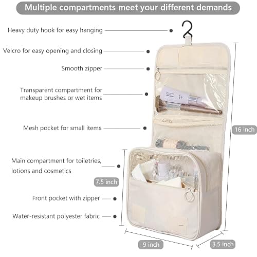 IMCUZUR Hanging Travel Toiletry Bag for Women, Water-resistant Makeup Bag Cosmetic Organizer for Traveling Accessories Toiletries (Beige) thumbnail 4