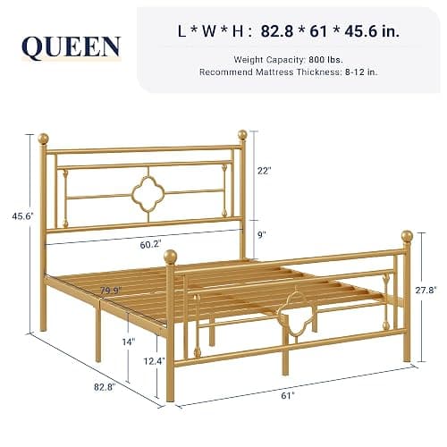Allewie Queen Size Metal Platform Bed Frame with Victorian Vintage Headboard and Footboard/Mattress Foundation/Under Bed Storage/No Box Spring Needed/Noise-Free/Easy Assembly, Gold thumbnail 2