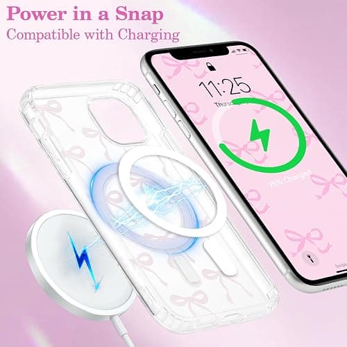 UEEBAI Magnetic for iPhone 11 Case, Bow Case Compatible with MagSafe, Wireless Slim Clear Ribbon Aesthetic Phone Case Anti-Yellowing Shockproof Protective Cover for Women Girl - Pink - iPhone 11 - Pink thumbnail 4