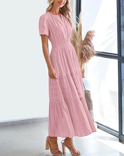 BTFBM Womens Summer 2026 Casual Midi Maxi Dresses Lightweight Short Sleeve V Neck Elastic Waist Boho Beach Dress Pockets thumbnail 7