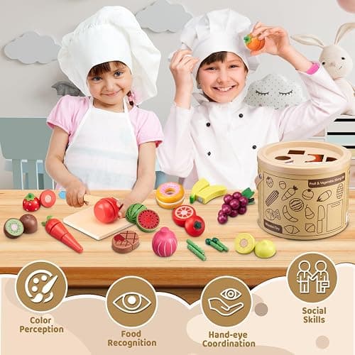 45 Pcs Wooden Pretend Play Food Set for Kids Kitchen - Realistic Cutting Fruits & Veggies with Easy-Cleanup Storage Bucket, Montessori Learning Toy Gift for Toddlers Ages 3-6 thumbnail 3