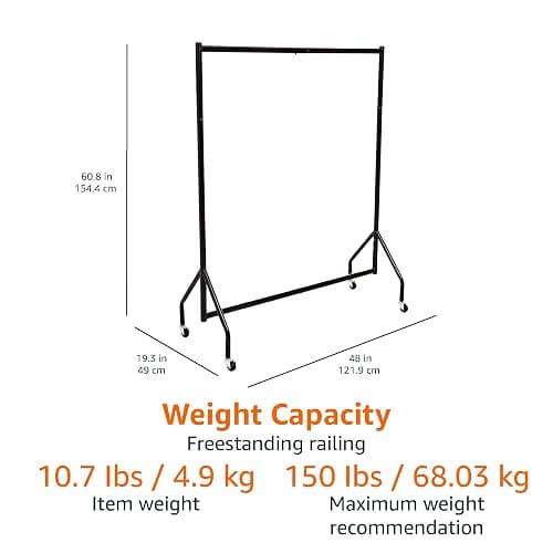 Amazon Basics Heavy Duty Portable Rolling Garment Rack, Hanging Clothes Organizer Rail for Display and Storage, Easy to Assemble, 19 x 60 x 48 inches, Black thumbnail 3