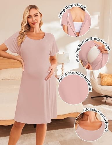 Ekouaer Women’s Nursing/Delivery/Labor/Hospital Nightdress Short Sleeve Maternity Nightgown with Button S-XXL thumbnail 3