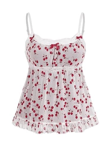 WDIRARA Women's Plus Size Strawberry Print Cami Top Mesh Camisole Lace Peplum Tops - Image 1