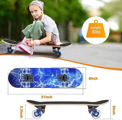 GIEEU Skateboards with Colorful Flashing Wheels for Beginners,Kids,Teens,Adults, Complete Standard Skate Boards 9 Layer Canadian Maple Deck Concave Skateboard thumbnail 5