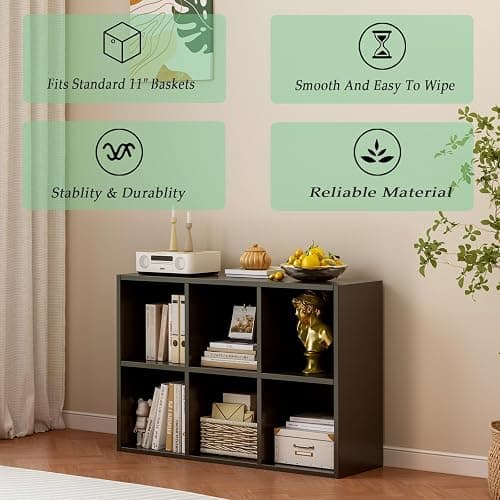 OSCHF 6-Cube Storage Shelf Bookcase - Wooden 3-Tier Floor Standing Open Bookshelf for Home and Office, Display Cabinet, Black thumbnail 4