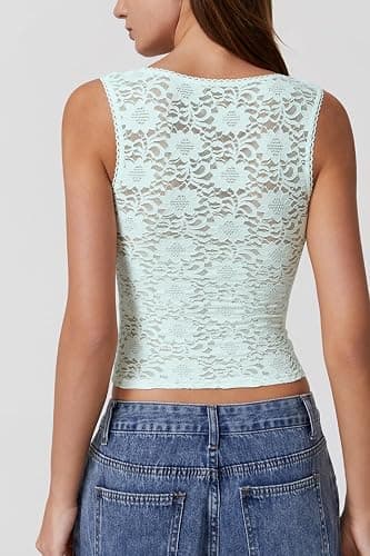 QINSEN Women's Lace Trim Square Neck Sleeveless Double-Layer Tank Top thumbnail 4